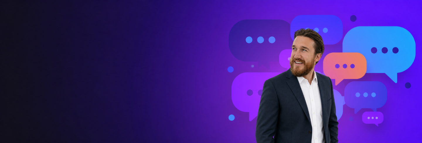 Scott Mendoza with colorful conversation bubbles